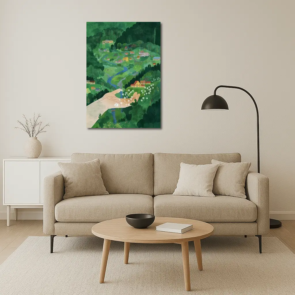 Hand Holding Dandelions Over Green Village – Wall Art