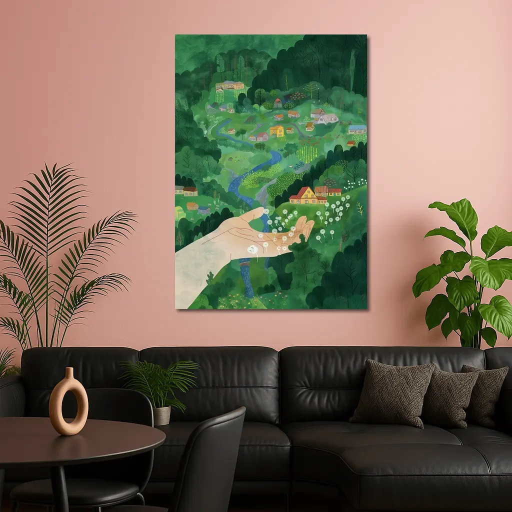 Hand Holding Dandelions Over Green Village – Wall Art