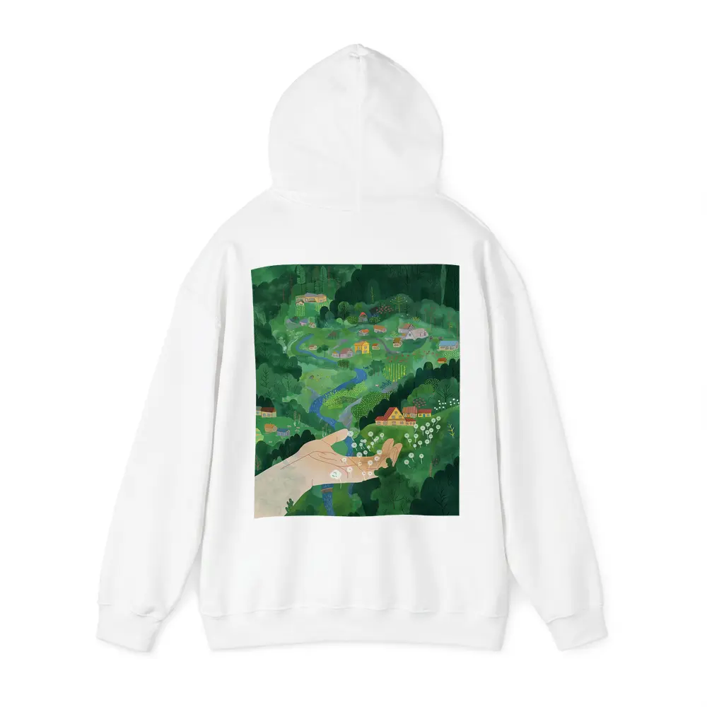 Hand Holding Dandelions Over Green Village – Hoodies