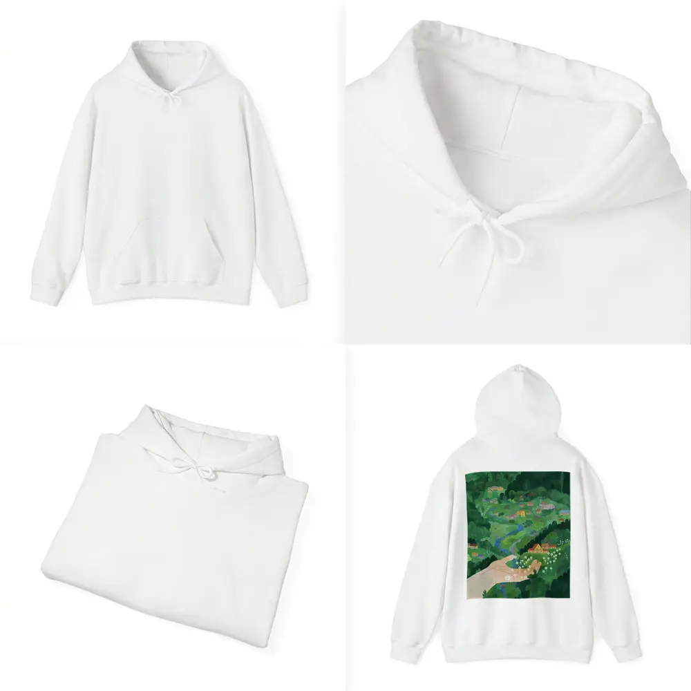 Hand Holding Dandelions Over Green Village – Hoodies