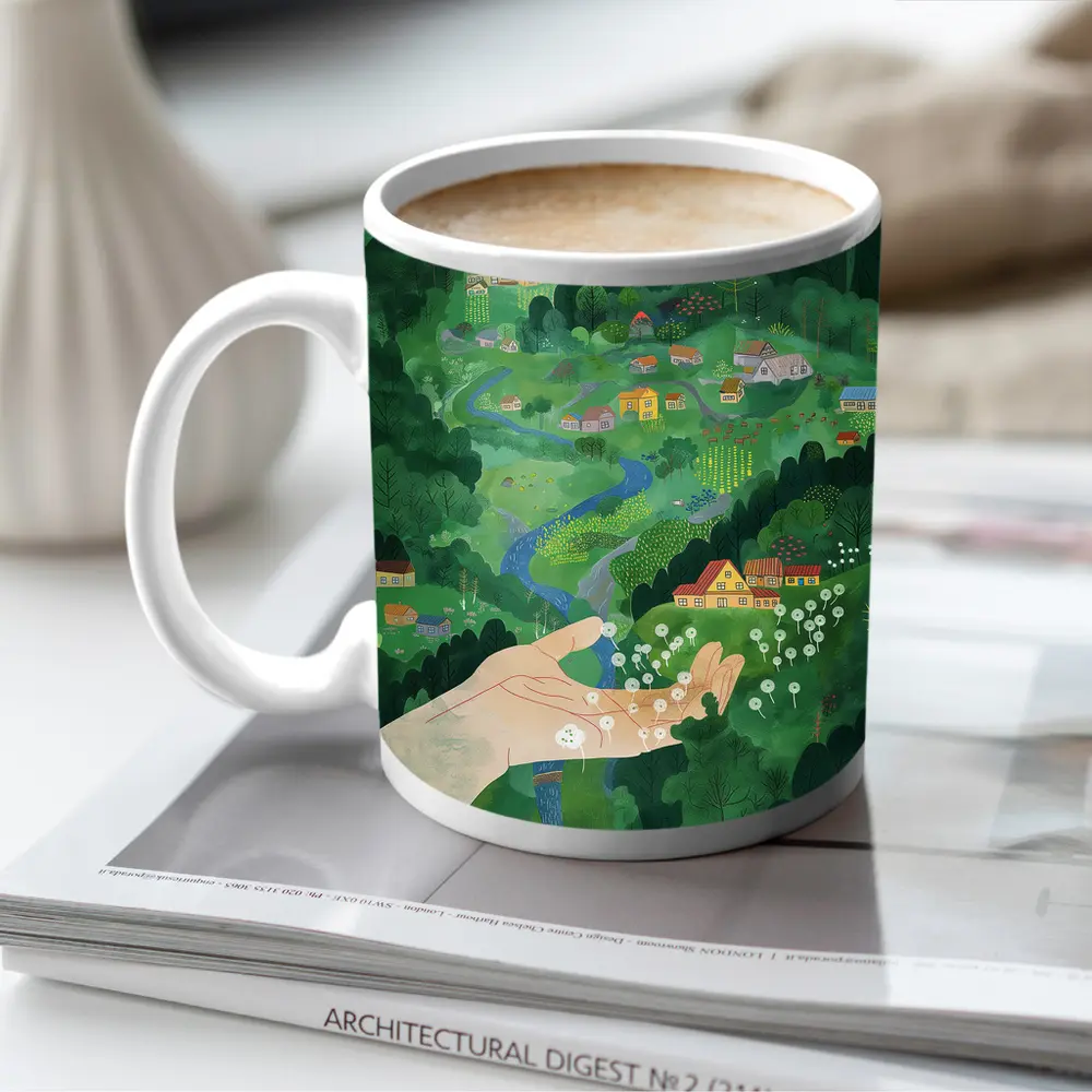 Hand Holding Dandelions Over Green Village – Mugs