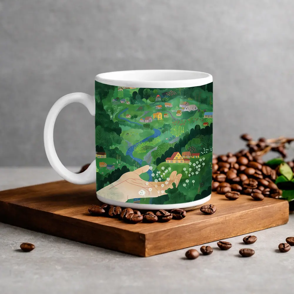 Hand Holding Dandelions Over Green Village – Mugs