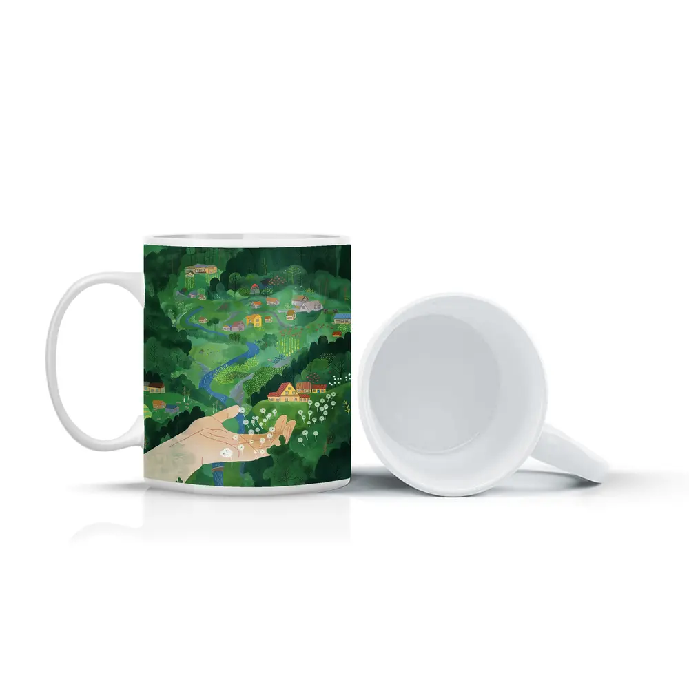 Hand Holding Dandelions Over Green Village – Mugs