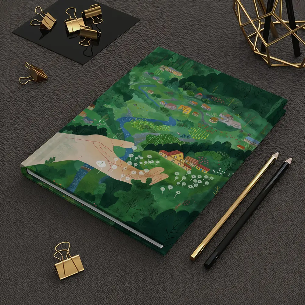 Hand Holding Dandelions Over Green Village – Notebooks