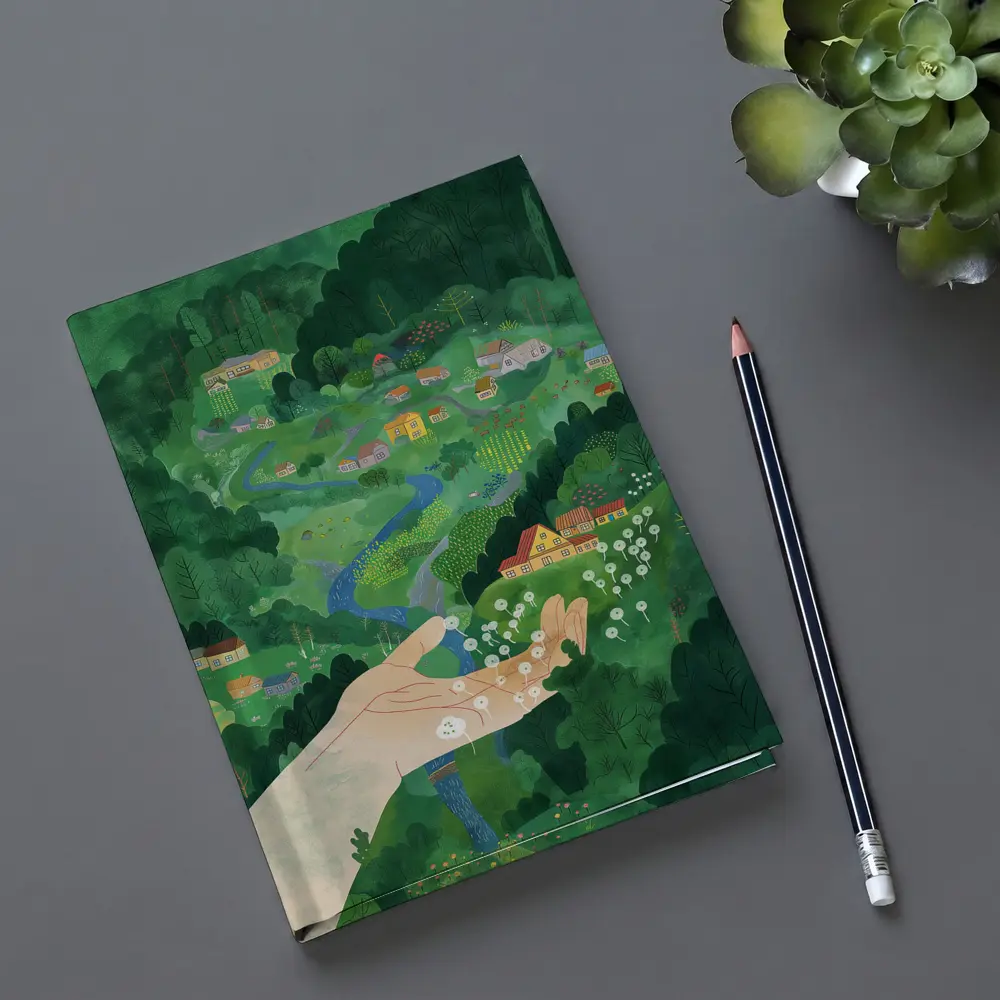 Hand Holding Dandelions Over Green Village – Notebooks