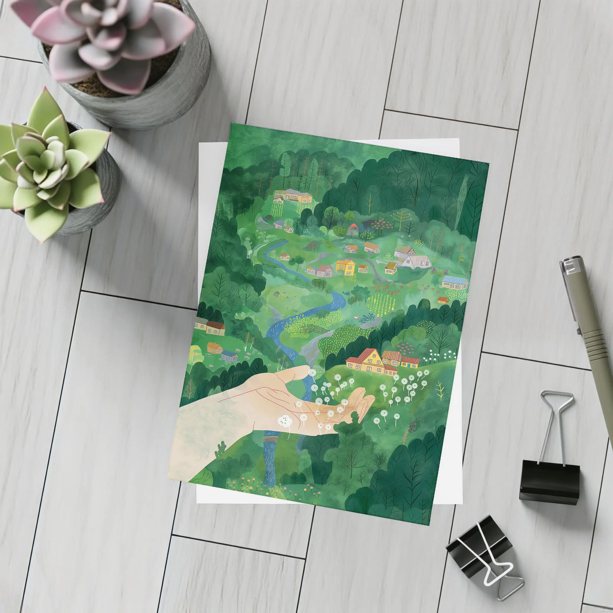 Hand Holding Dandelions Over Green Village – Postcards