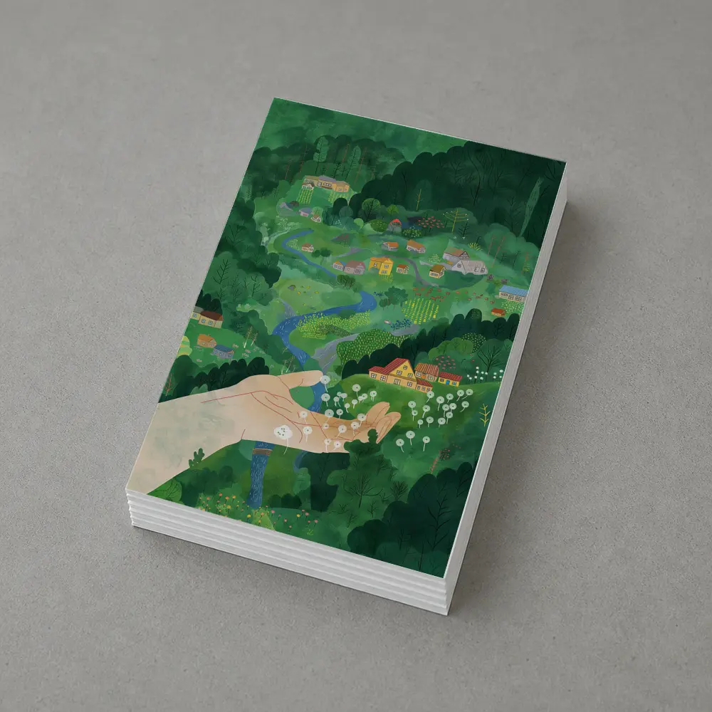 Hand Holding Dandelions Over Green Village – Postcards