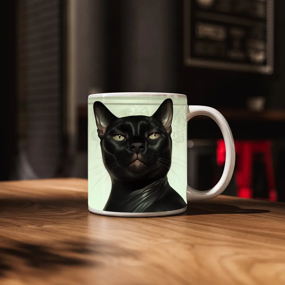 Black Burmese Cat Portrait White Background – Mugs