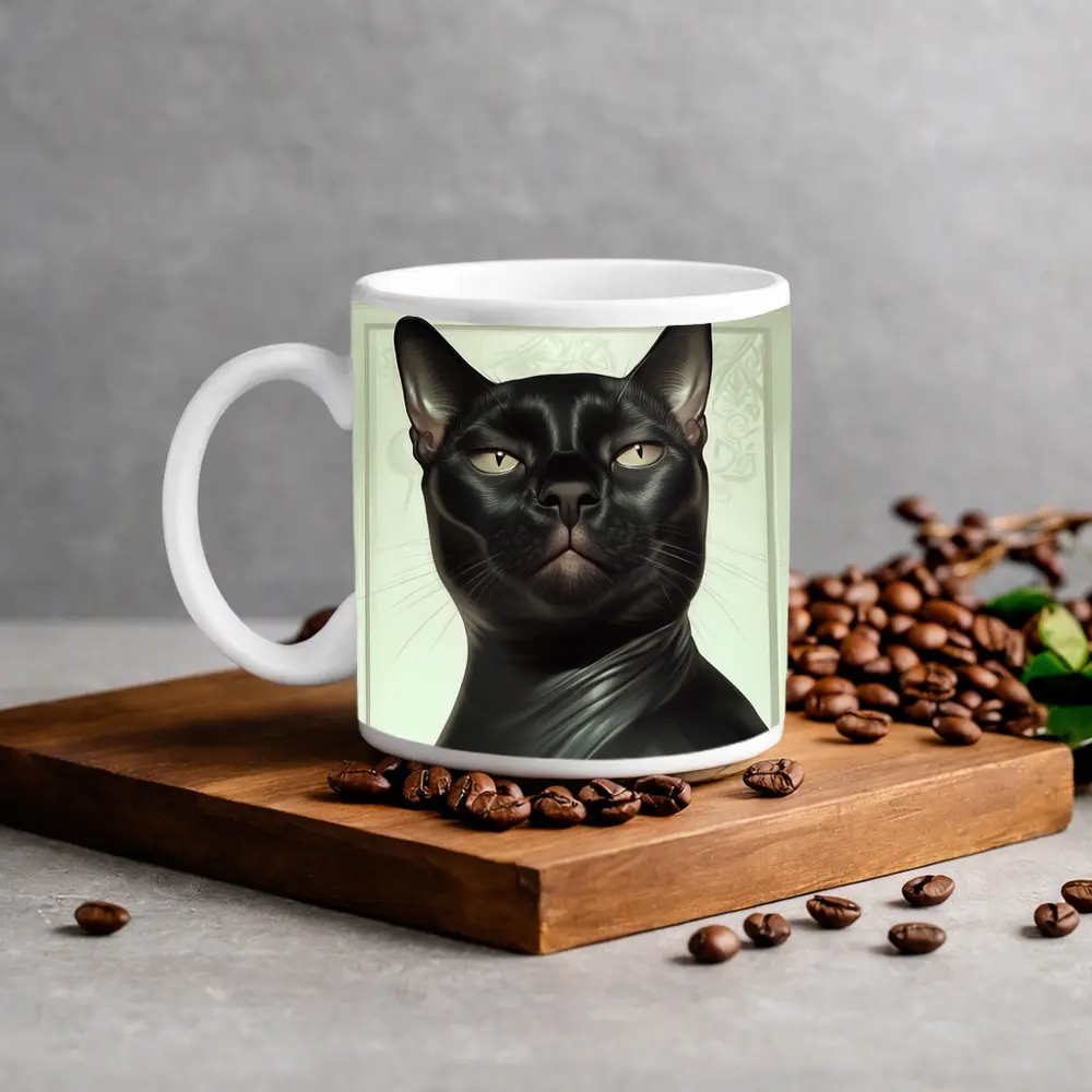 Black Burmese Cat Portrait White Background – Mugs