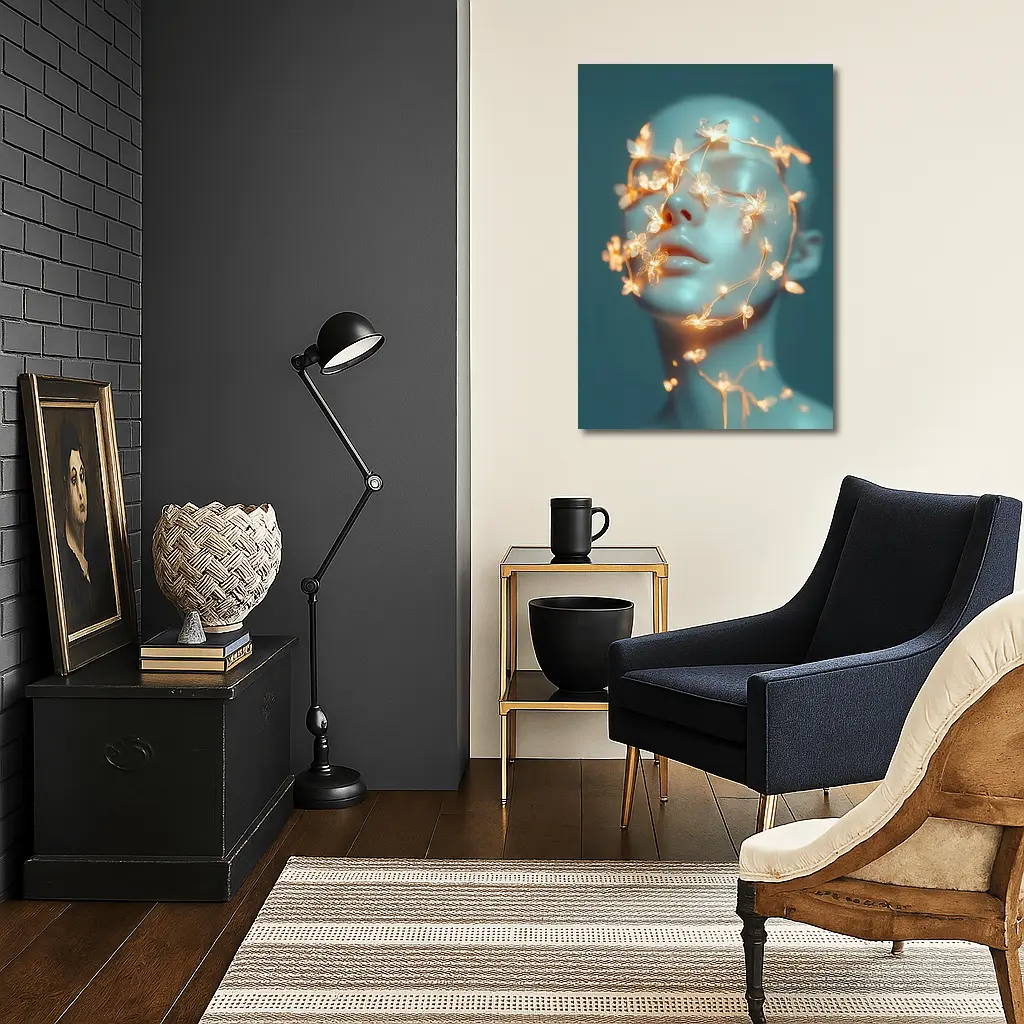 Glowing Floral Vines Abstract Face Teal – Wall Art