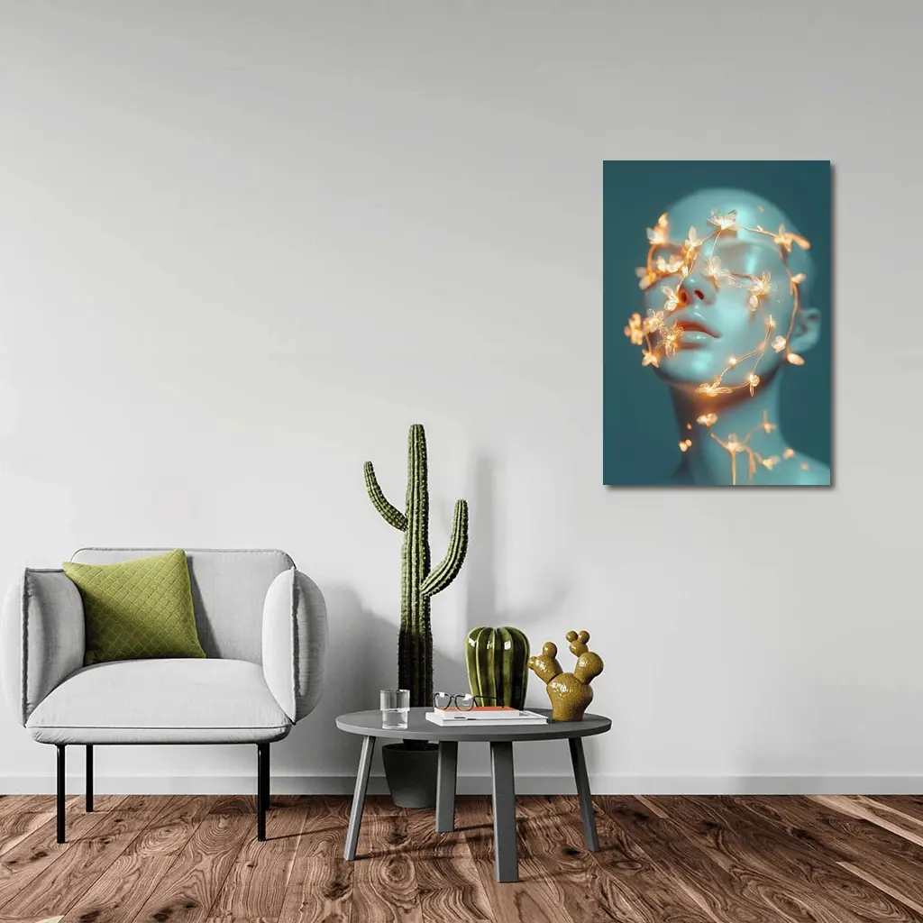 Glowing Floral Vines Abstract Face Teal – Wall Art