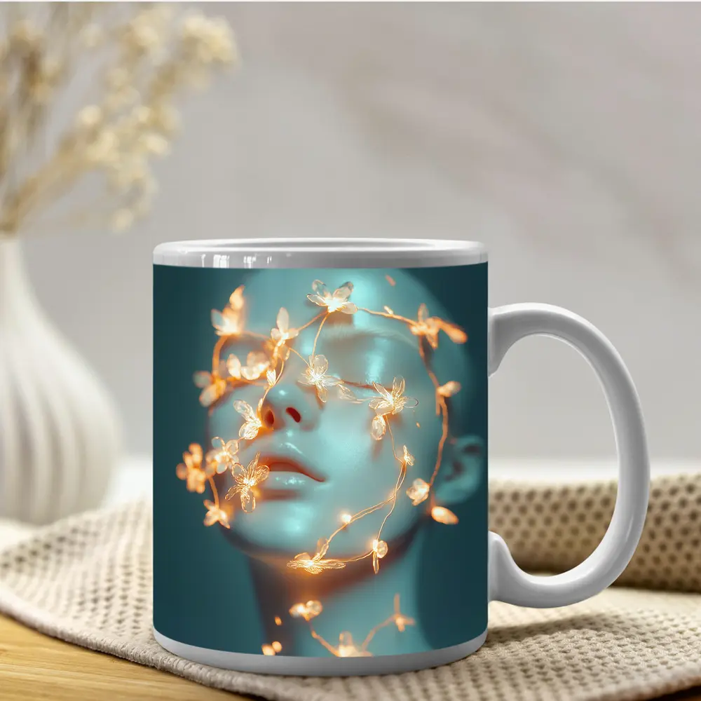 Glowing Floral Vines Abstract Face Teal – Mugs