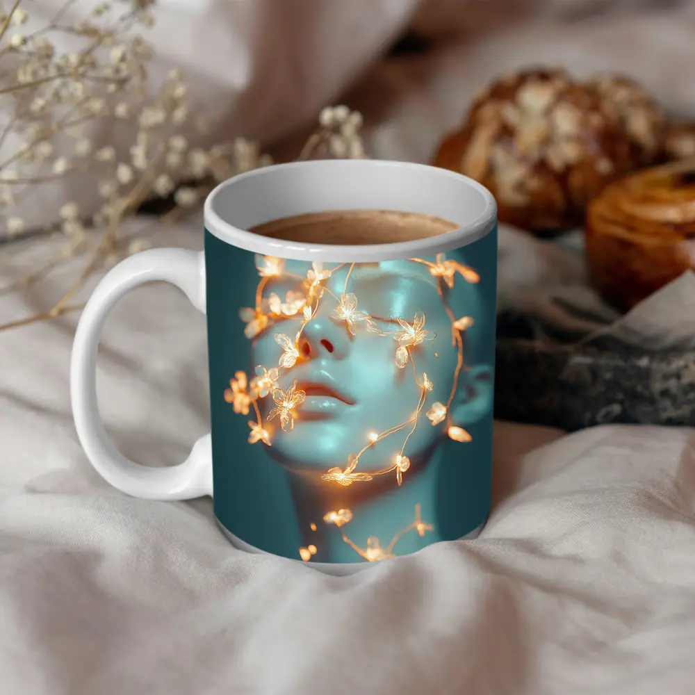 Glowing Floral Vines Abstract Face Teal – Mugs