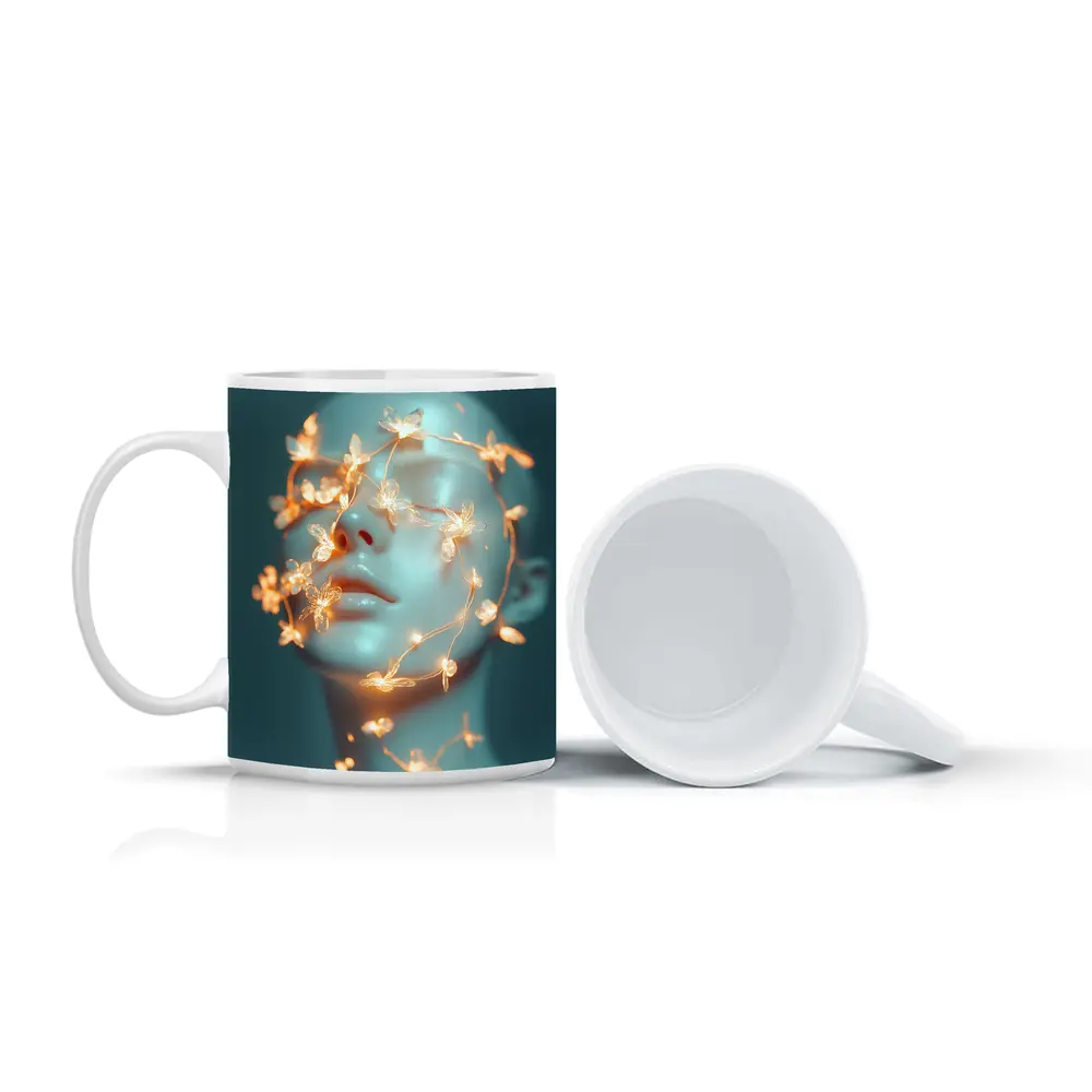 Glowing Floral Vines Abstract Face Teal – Mugs