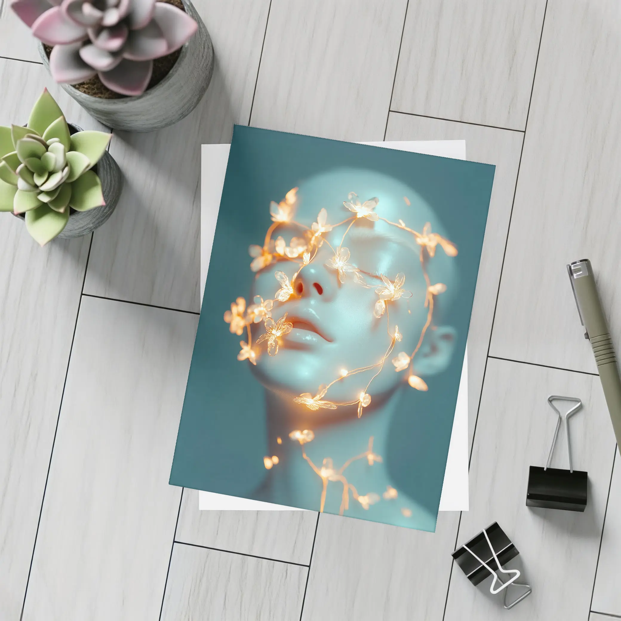 Glowing Floral Vines Abstract Face Teal – Postcards
