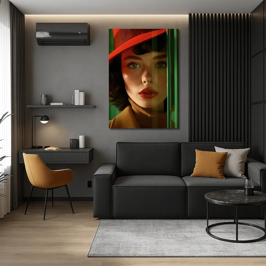 Red Hat Woman Green Background Fashion Portrait – Wall Art