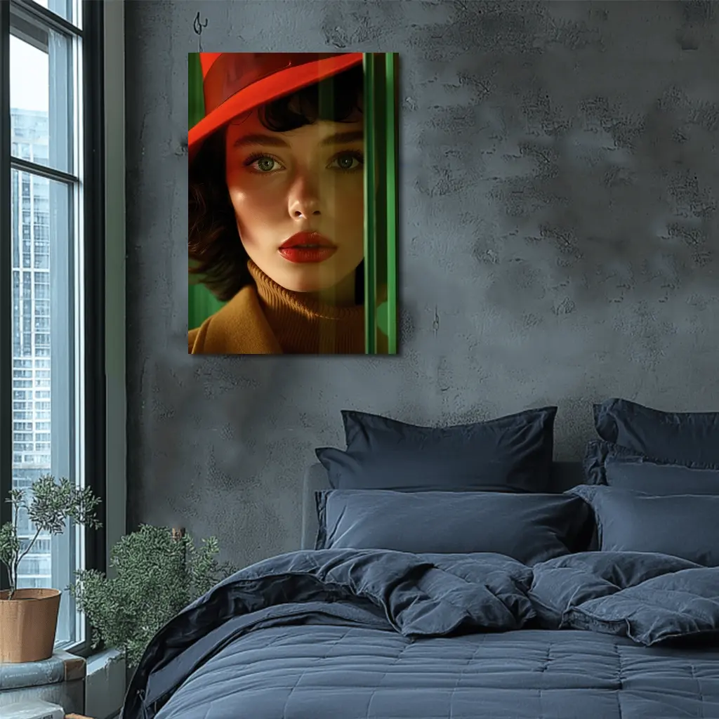 Red Hat Woman Green Background Fashion Portrait – Wall Art