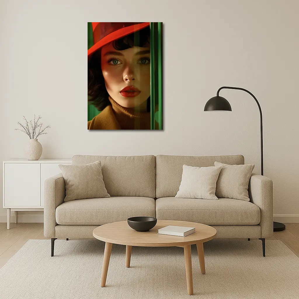 Red Hat Woman Green Background Fashion Portrait – Wall Art