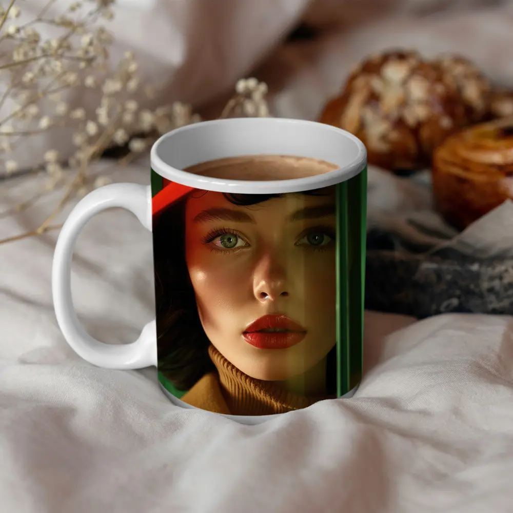 Red Hat Woman Green Background Fashion Portrait – Mugs