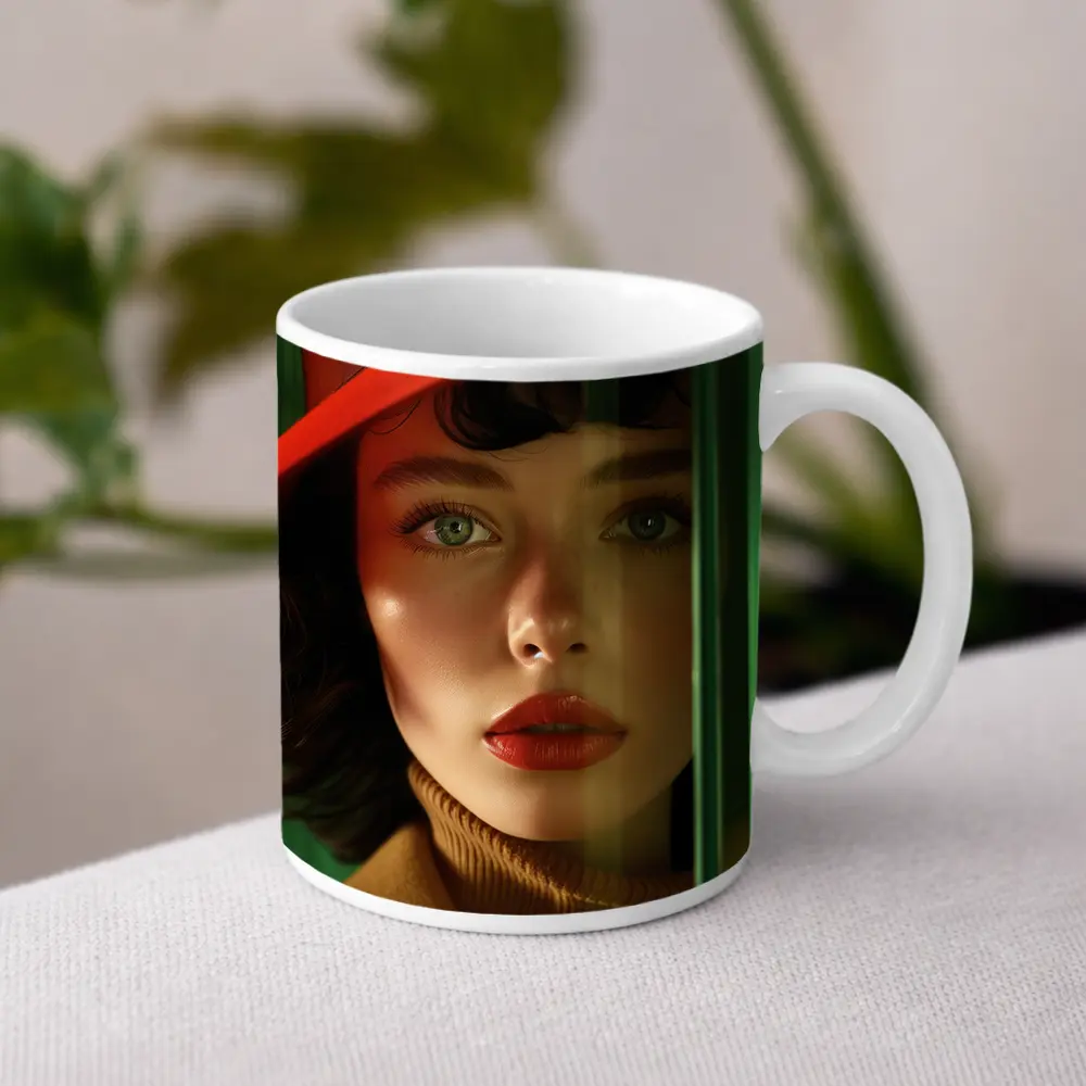 Red Hat Woman Green Background Fashion Portrait – Mugs