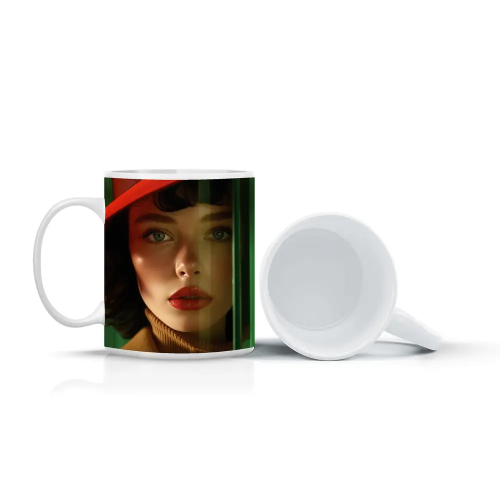 Red Hat Woman Green Background Fashion Portrait – Mugs