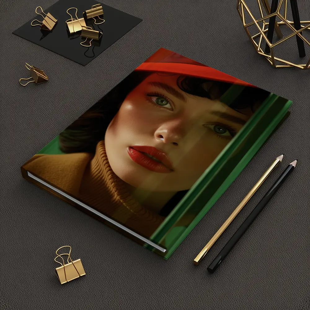 Red Hat Woman Green Background Fashion Portrait – Notebooks