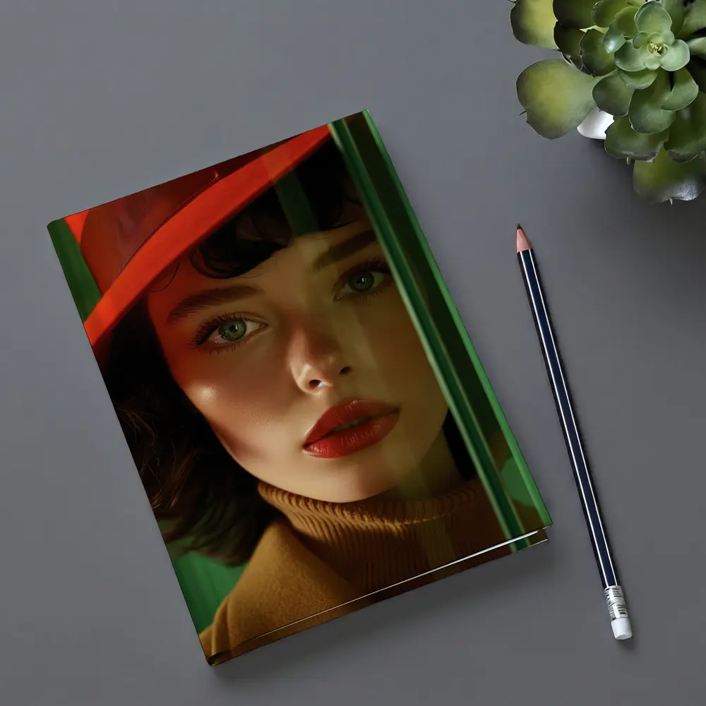 Red Hat Woman Green Background Fashion Portrait – Notebooks