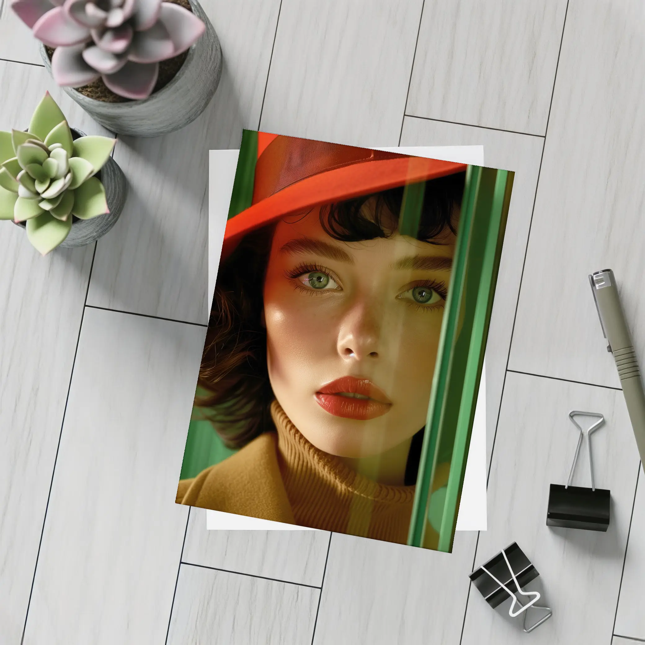 Red Hat Woman Green Background Fashion Portrait – Postcards