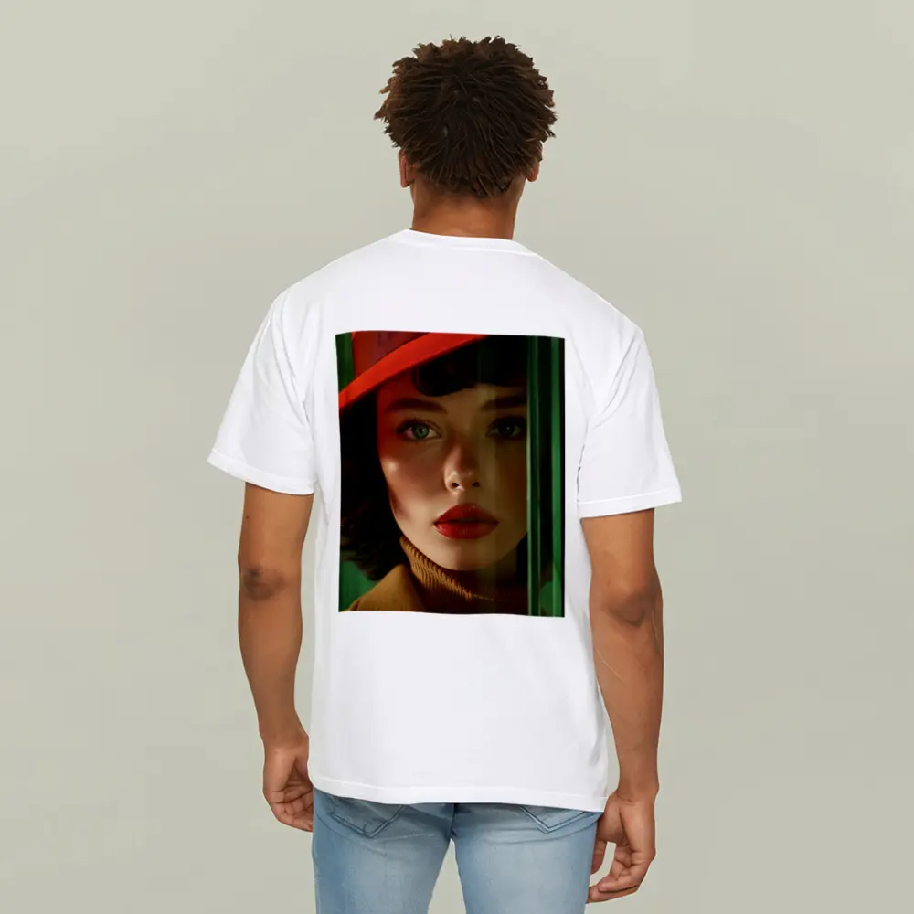 Red Hat Woman Green Background Fashion Portrait – T-Shirts