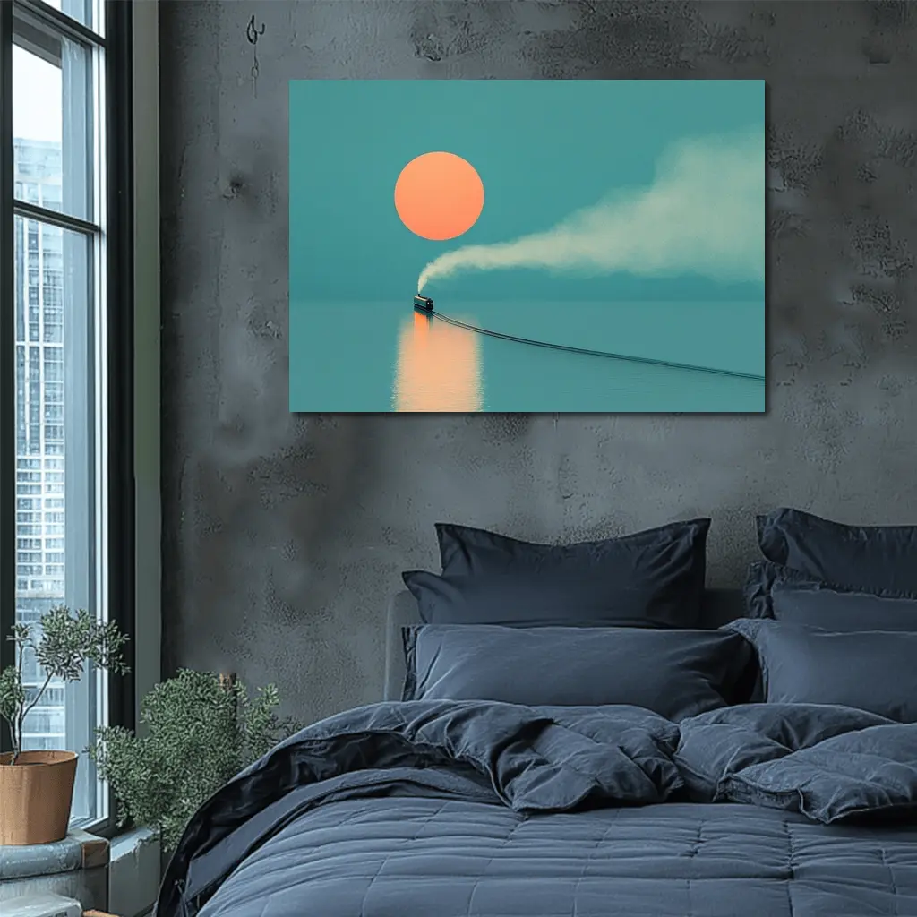 Steam Train Over Calm Teal Ocean Sunset – Wall Art