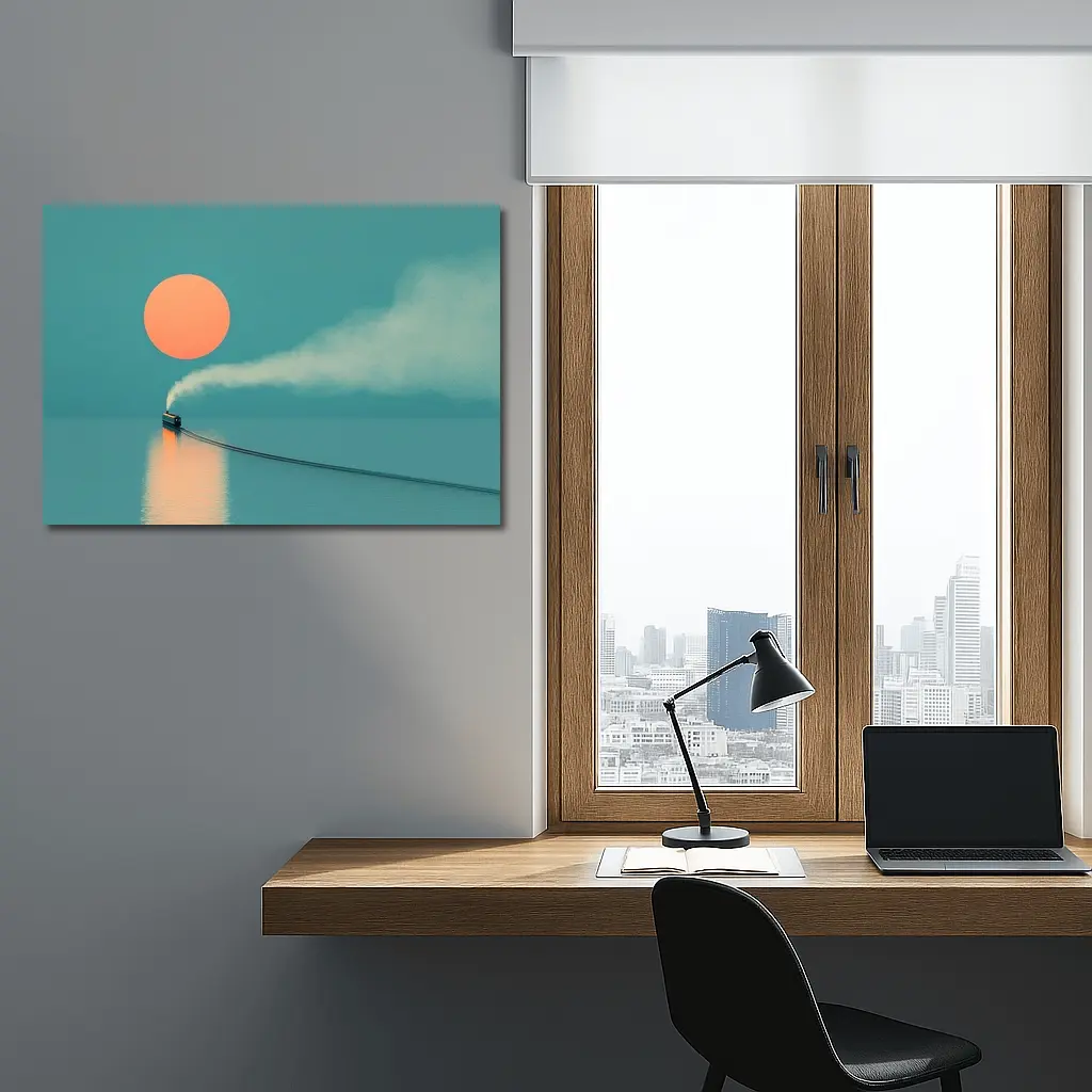 Steam Train Over Calm Teal Ocean Sunset – Wall Art
