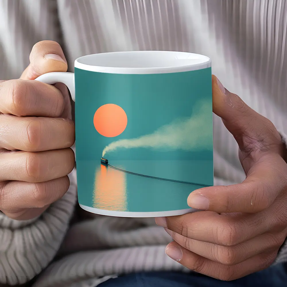 Steam Train Over Calm Teal Ocean Sunset – Mugs