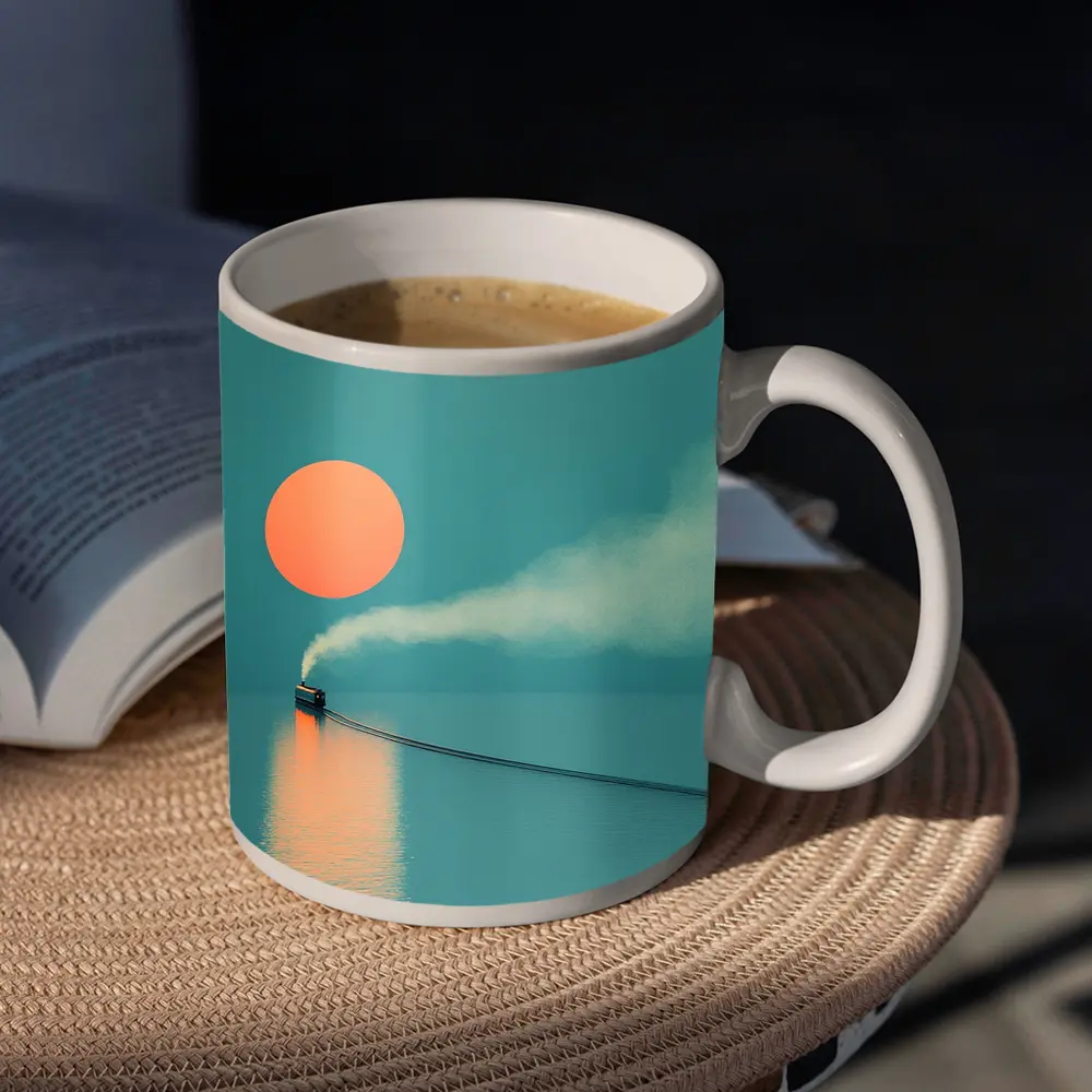 Steam Train Over Calm Teal Ocean Sunset – Mugs