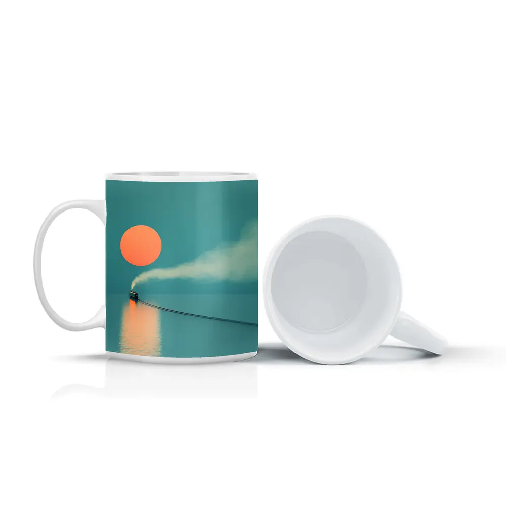 Steam Train Over Calm Teal Ocean Sunset – Mugs