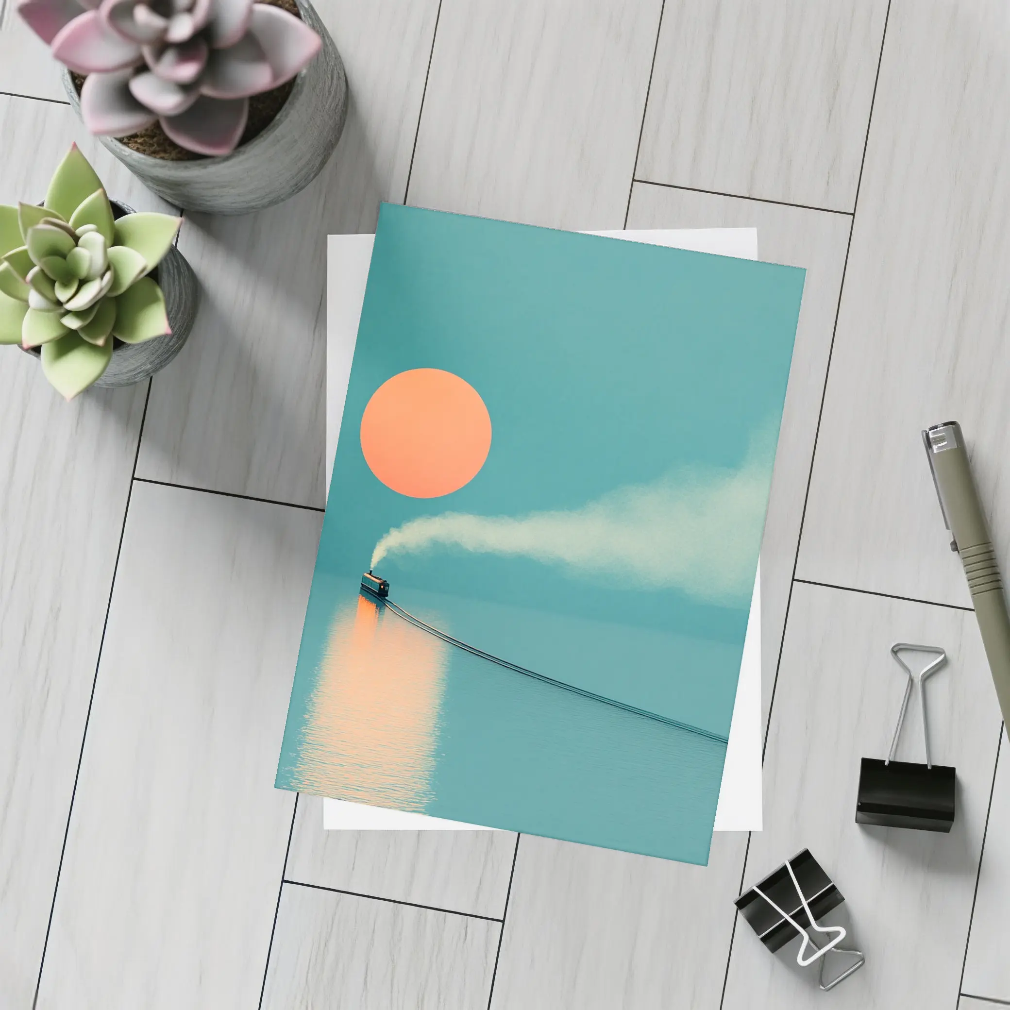 Steam Train Over Calm Teal Ocean Sunset – Postcards
