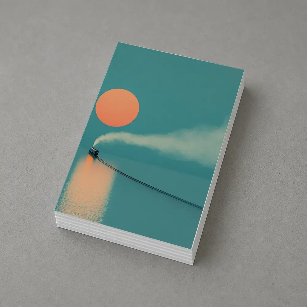 Steam Train Over Calm Teal Ocean Sunset – Postcards