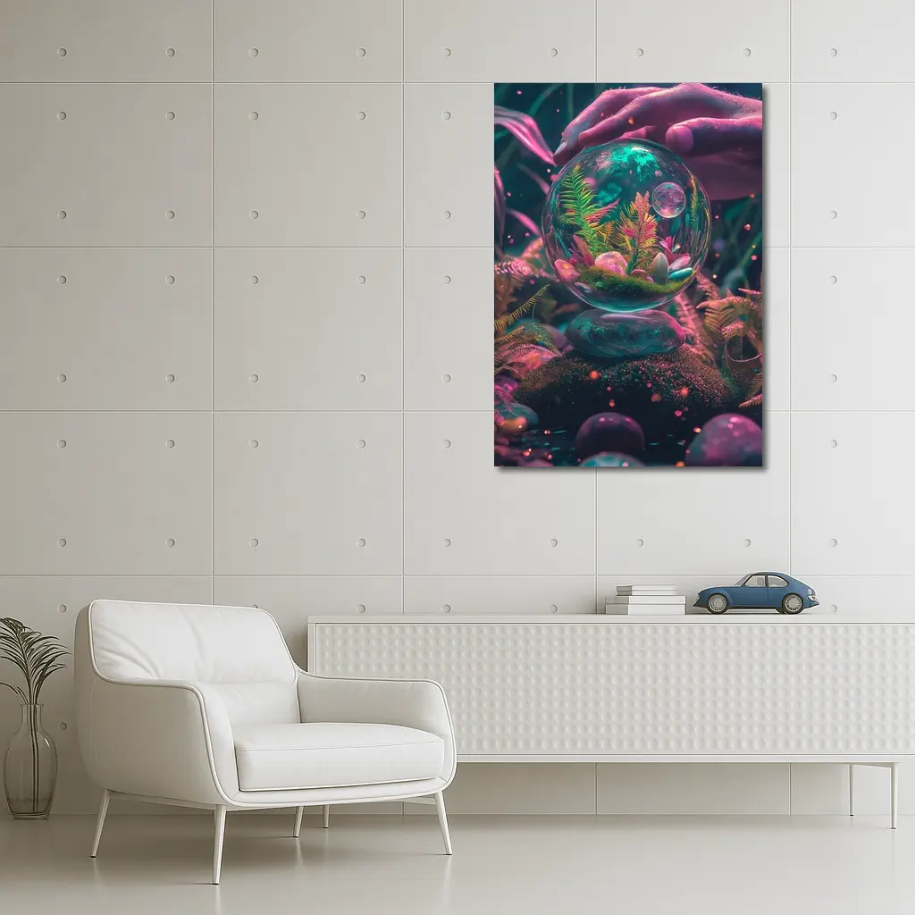Glass Terrarium Sphere Neon Fantasy Garden – Wall Art