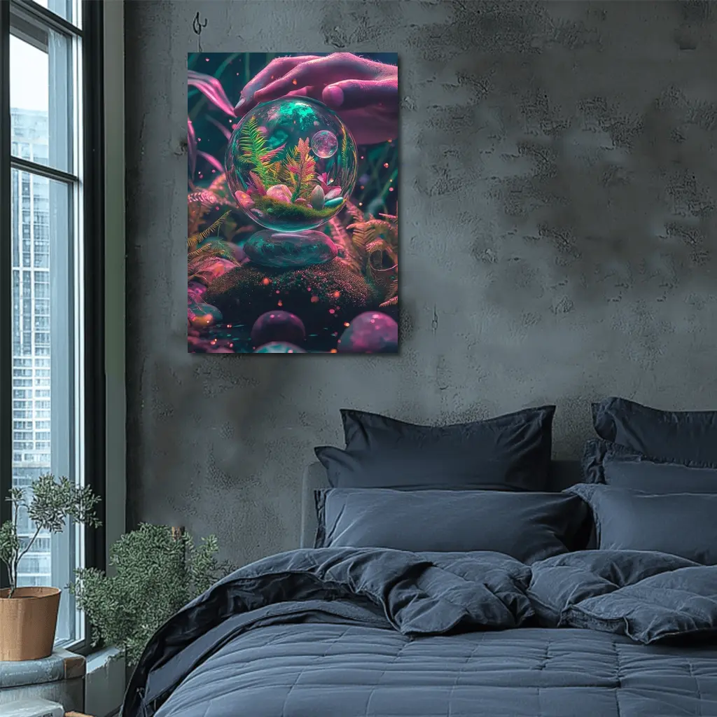 Glass Terrarium Sphere Neon Fantasy Garden – Wall Art