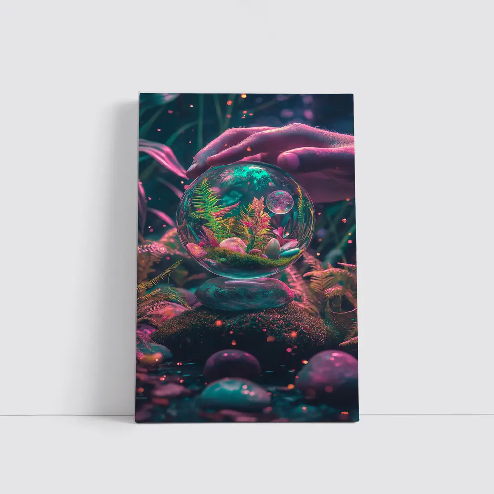 Glass Terrarium Sphere Neon Fantasy Garden – Wall Art