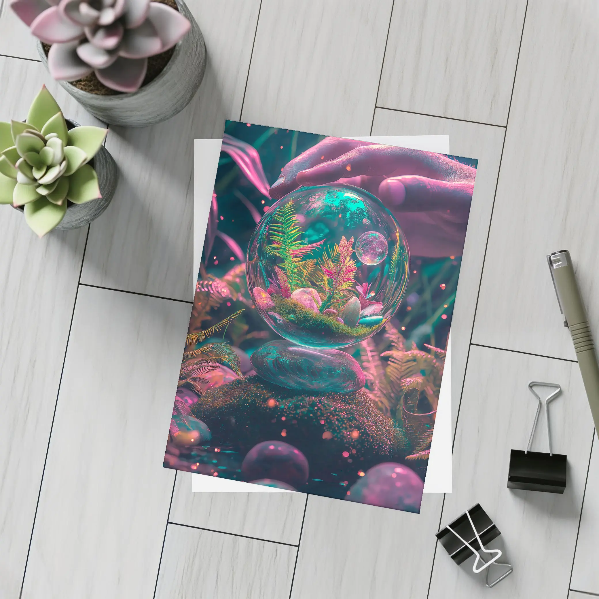 Glass Terrarium Sphere Neon Fantasy Garden – Postcards