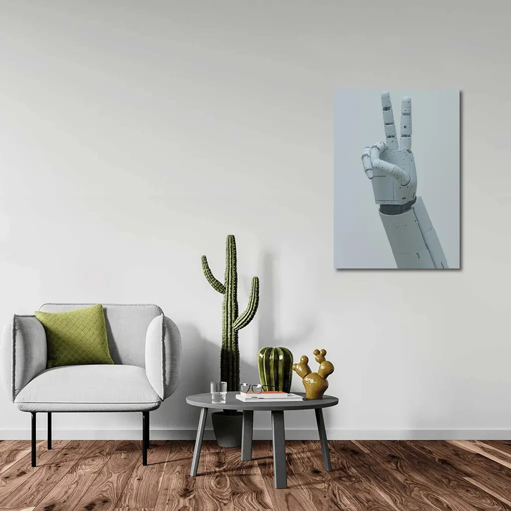 White Robot Hand Peace Sign Gray Background – Wall Art