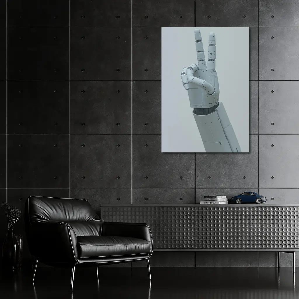White Robot Hand Peace Sign Gray Background – Wall Art