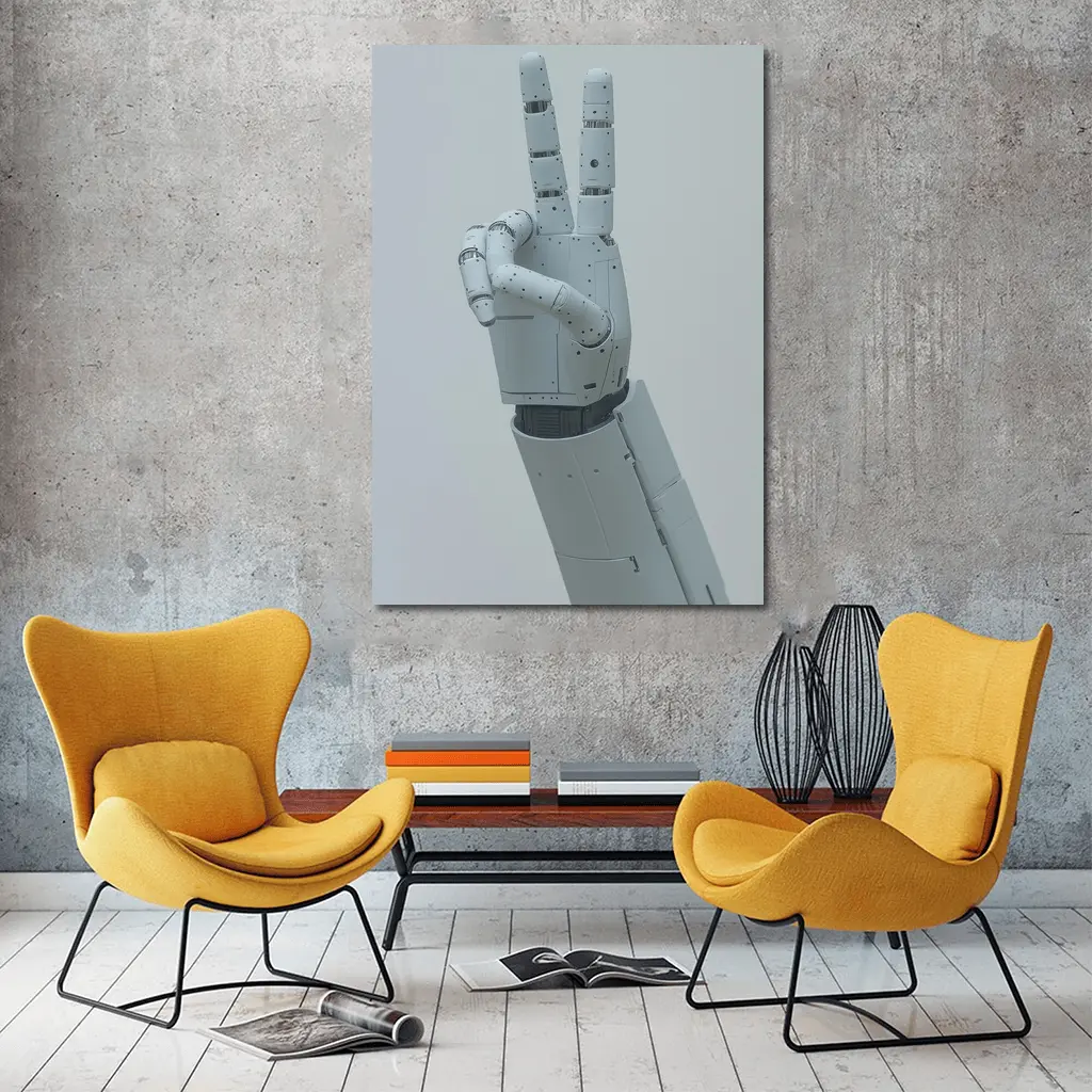 White Robot Hand Peace Sign Gray Background – Wall Art