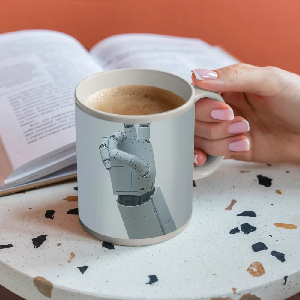 White Robot Hand Peace Sign Gray Background – Mugs