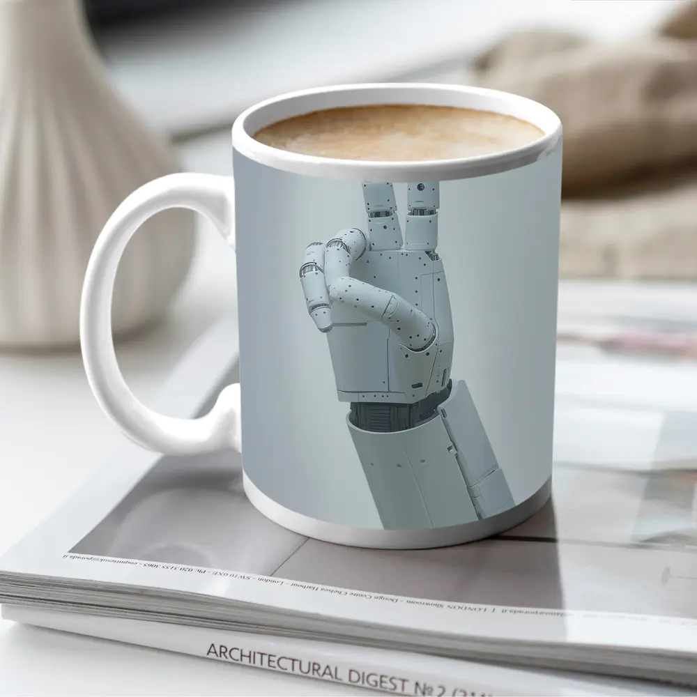 White Robot Hand Peace Sign Gray Background – Mugs