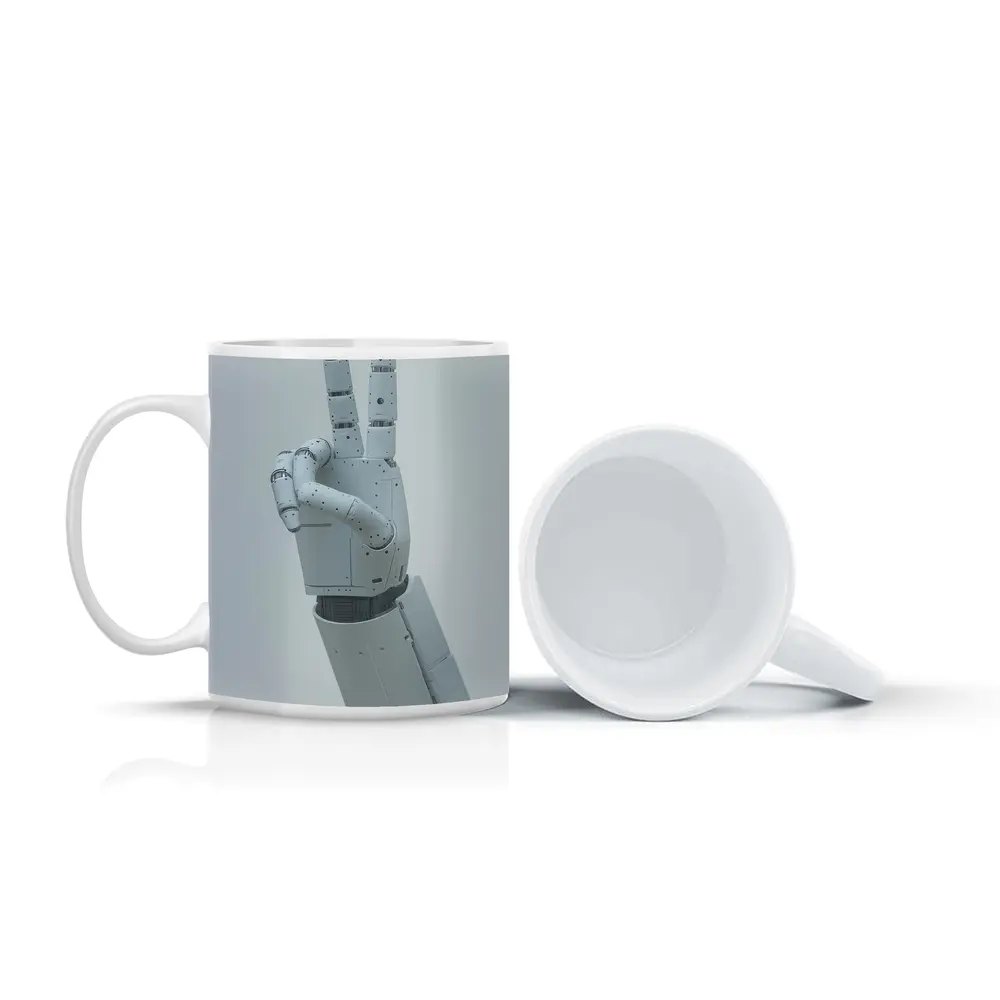 White Robot Hand Peace Sign Gray Background – Mugs