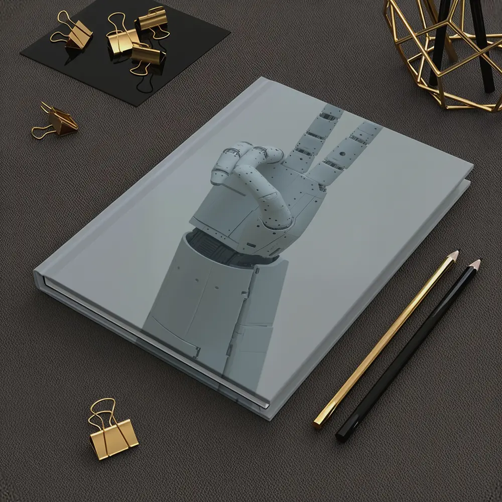 White Robot Hand Peace Sign Gray Background – Notebooks