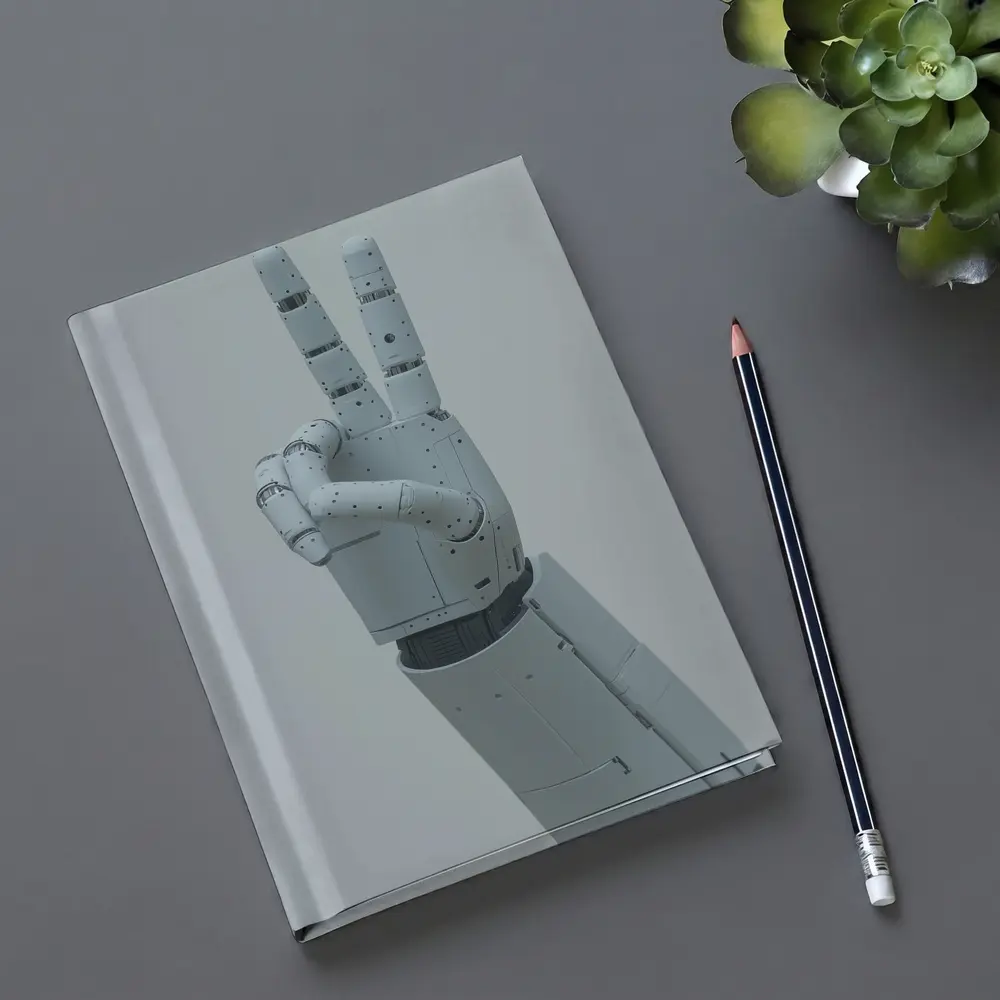 White Robot Hand Peace Sign Gray Background – Notebooks