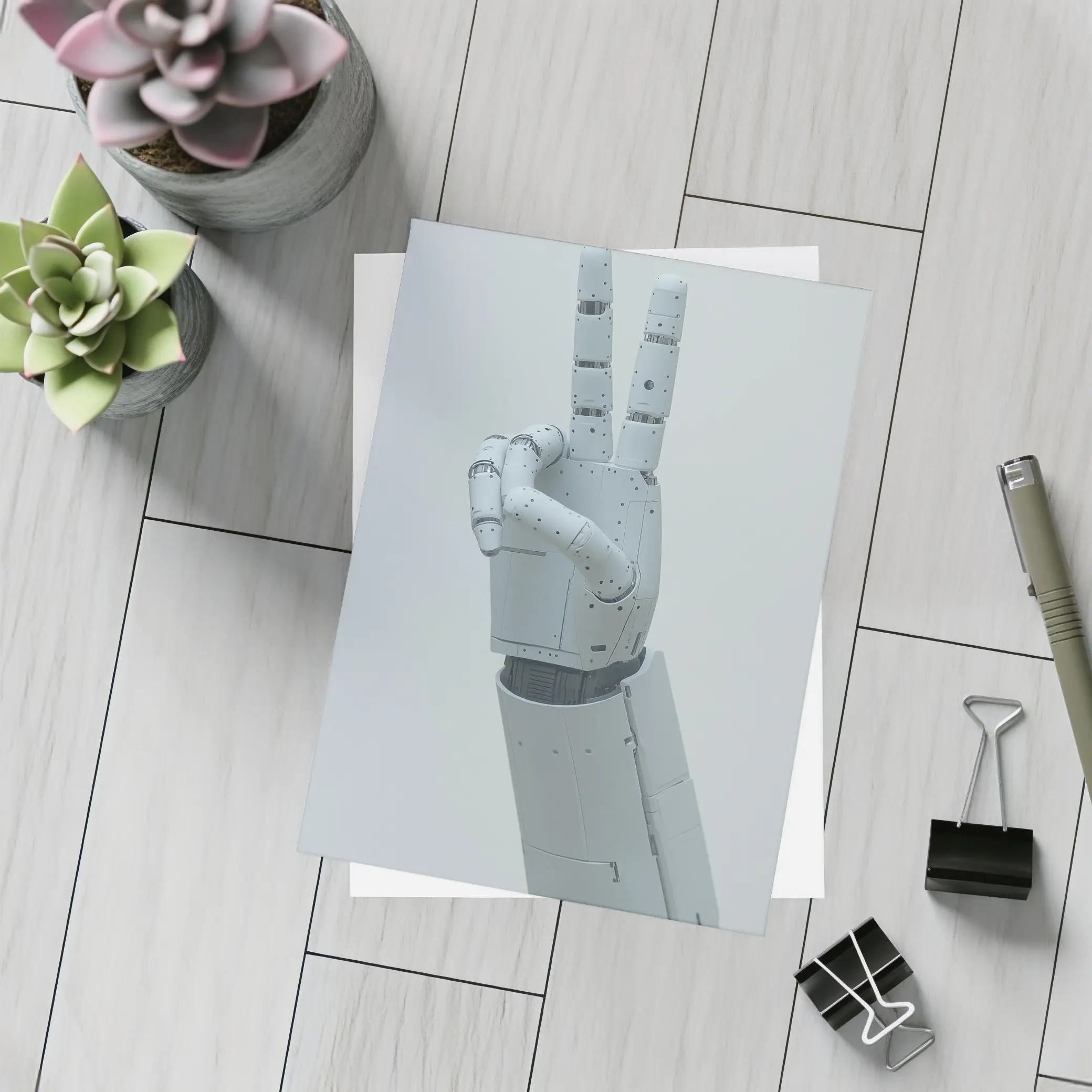 White Robot Hand Peace Sign Gray Background – Postcards