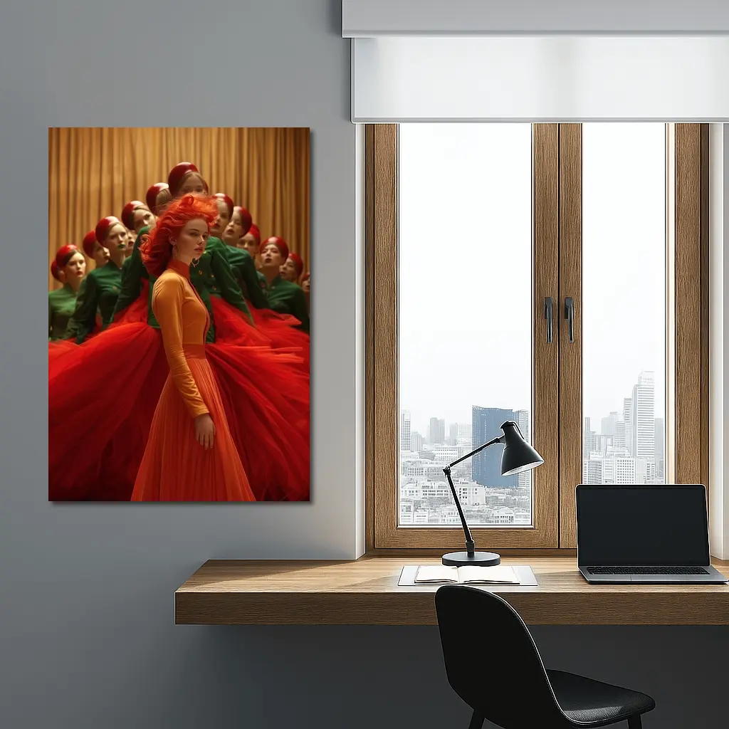 Red Haired Woman Orange Dress Choir Background – Wall Art